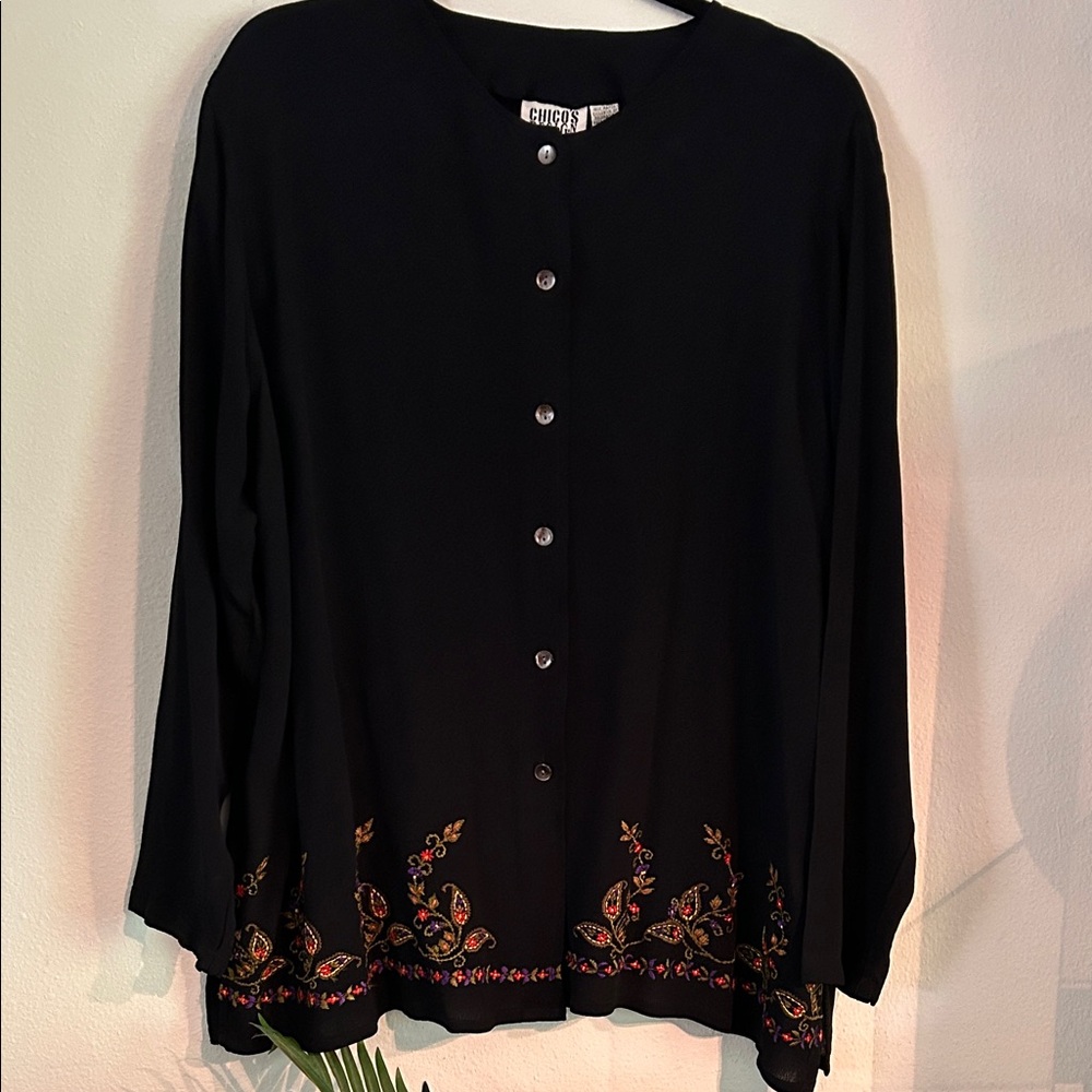 Chico's Vintage Black Button-Down with Embroidered Accents